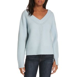 Lewit Baby Blue 100% Cashmere Cream Stitch Detail Cable Knit V-Neck Sweater Med